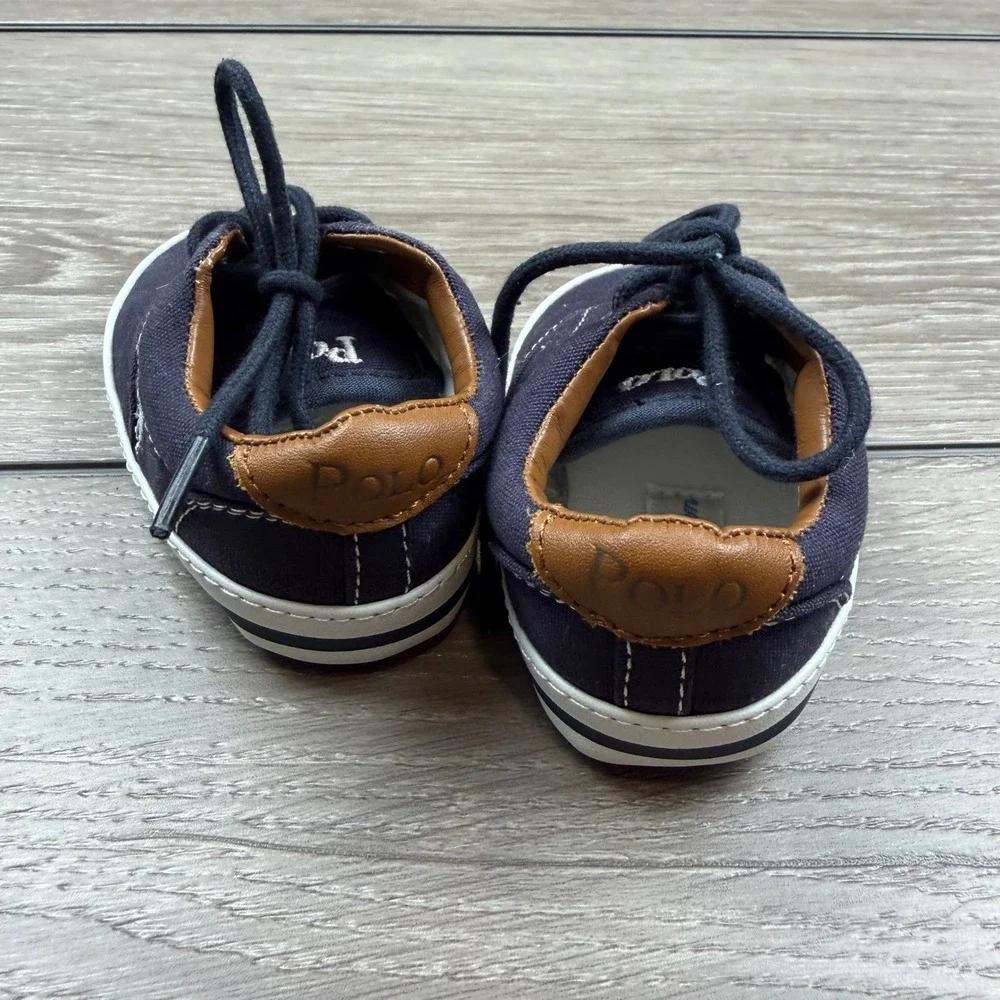 Polo Ralph Lauren Boys Crib Shoes Canvas Leather Trim Navy Blue Size 2